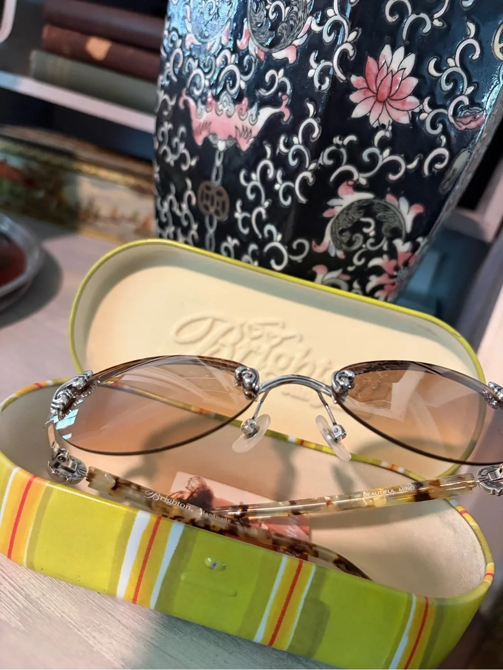Brighton Beautiful Mind Rimless Sunglasses Brown Silver Scrollwork + Case